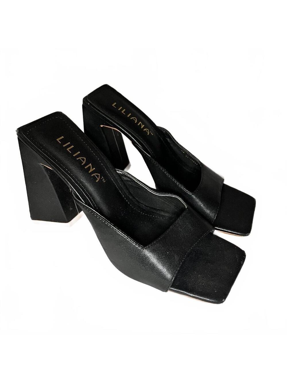 Liliana Women's Black Faux Leather Block Square Toe Mules Size 6